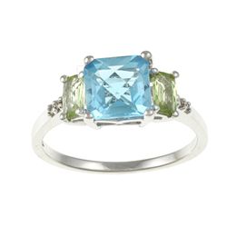 14k White Gold Blue Topaz, Peridot and Diamond Accent Ring