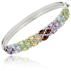 Glitzy Rocks Sterling Silver Multi-gemstone and Diamond Accent 3-row Bangle