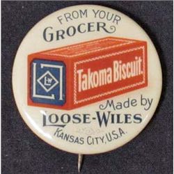 VINTAGE TAKOMA BISCUIT CELLULOID ADVERTISING PINBACK BUTTON