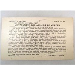 1915 WANTED POSTCARD - MEN WANTED FOR ASSAULT TO MURDER