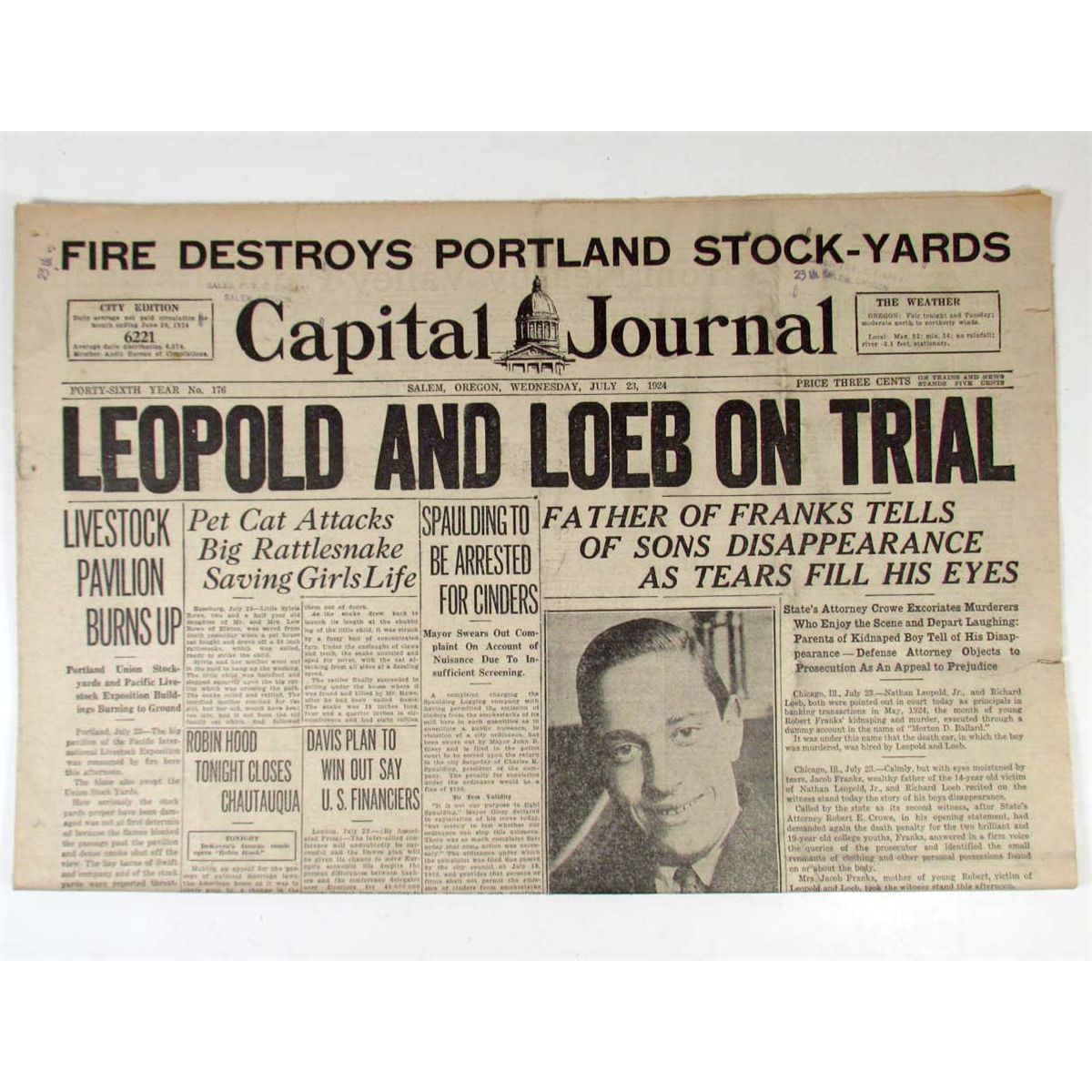 1924 NEWSPAPER "CAPITAL JOURNAL" SALEM, OREGON