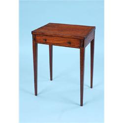A LATE EIGHTEENTH CENTURY SATINWOOD WORK TABLE, the bi-fold black line inlaid top opening to reveal 