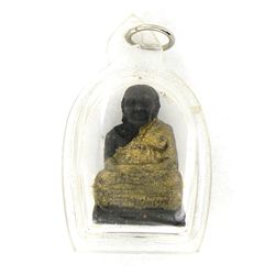 Antique Thai Clay Amulet 1980s Gilded Monk (ANT-1252)
