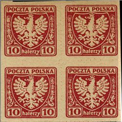 1919 Poland 10h Eagle Imperf 4 Block Variety (STM-0461)