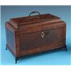 Image 1 : AN EARLY NINETEENTH CENTURY MAHOGANY, MARQUETRY INLAID AND ROSEWOOD CROSSBANDED TEA CADDY, the hinge