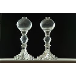 PAIR OF GLASS WHALE OIL LAMPS.