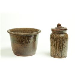 STONEWARE CANNING JAR AND FLOWER POT.