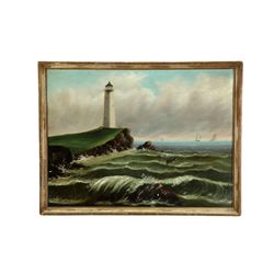 VIEW OF THE PORTLAND, MAINE, LIGHTHOUSE BY PLUMMER (AMERICAN SCHOOL, 2ND HALF-19TH CENTURY).