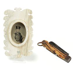 TINTYPE PORTRAIT IN A SCRIMSHAW FRAME.