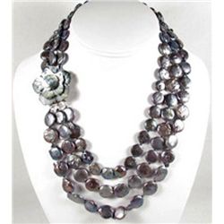 MWF1242 - Three Row Black Coin Pearl Necklace