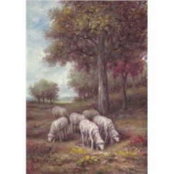 MWF1383Z 5x7 Oil on Board Depiciting Sheep Pasture Scen