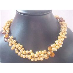 Three strand Champagne Fresh Water Pearl and Brown Coin