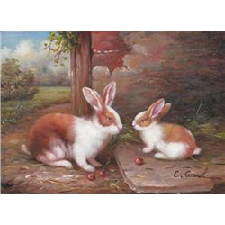 5 x 7 Oil on Board ~Bunnies at Play~ Signed C.Granet