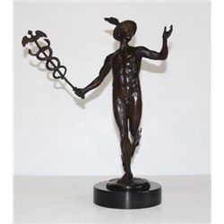 Superb Nude Mercury and Caduceus Bronze Sculpture Aft