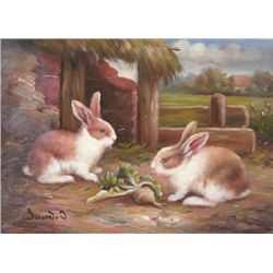 5 x 7 Oil on Board ~Bunnies at Play~ Signed C.Granet