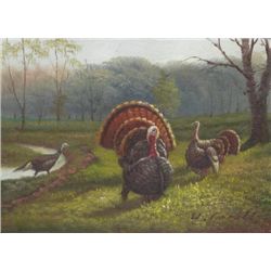 5 x 7 Oil on Board ~Turkeys in Forest~ Signed W.Ceruti