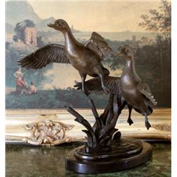 Remarkable Bronze Sculpture Two Flying Ducks