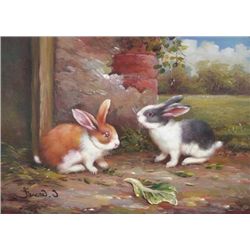 5 x 7 Oil on Board ~Bunnies at Play~ Signed C.Granet