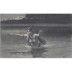 ORIGINAL Antique PRINT scene- WEETAMOO SWIMMING THE MA