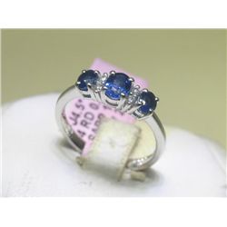 .08 CT Diamonds and Blue Sapphire 14K White Gold Ring