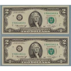 (2) 1976 $2 Bills Consecutive # Notes G Mint Chicago