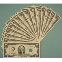 (15) 1995 $2 Two Dollar Bills Consec # F Mint Notes CU