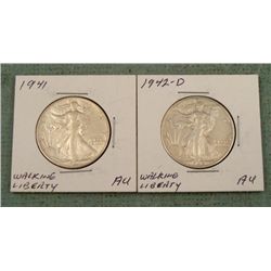 1941 & 1942-D High Grade Walking Liberty Silver Halves