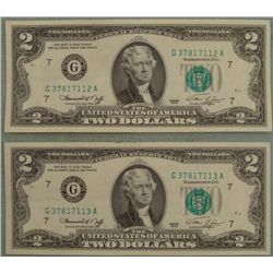 2 UNC Consec Number $2 Dollar 1976 Bills G Mint Chicago