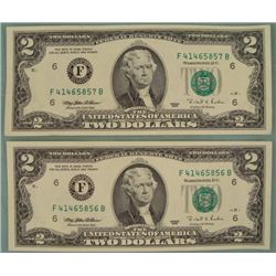 2 Consec # 1995 $2 Bills Notes F Mint Atlanta