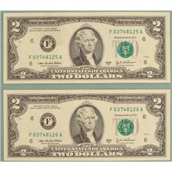 2 Consec # 2003 A $2 Bills F Mint Atlanta Notes CU