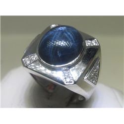 Men's Blue Sapphire and Diamond 14K White Gold Ring