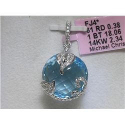 Blue Topaz and .38 CT Diamonds 14K White Gold Pendant
