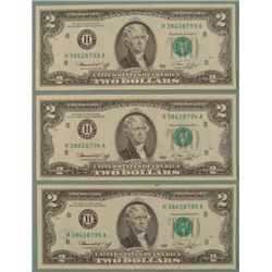 3 Consec # $2 Two Bills Notes 1976 H Mint St. Louis