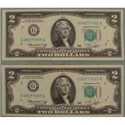 2 UNC $2 Dollar 1976 Bills Same Series G Mint Chicago