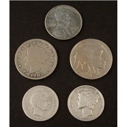 5 Diff Type 1900s US Coins Penny, Nickel, Dime