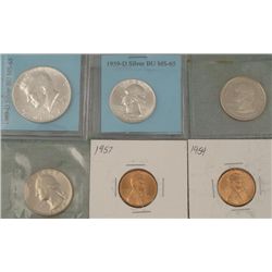 6 Coins Cent, Quarter, Half, BU, Proof 1954-2004