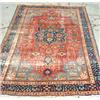 Image 1 : Antique Mahal carpet with navy central medallion on rust ground with pale blue spandrels, worn, 141 