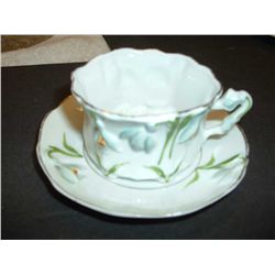 Green vine and flower pattern cup and saucer Mark isMM connected.