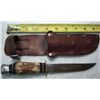 Image 1 : Knife #1: "Rostfrei" Unmarked Cross-Hatched Bone Handle w/ Vintage Red-Jewel Leather Sheath