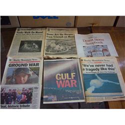 Box of Vintage News Papers Headlines Show 1st Walk on Moon, Return From Moon, Snow Bound '82 Blizzar