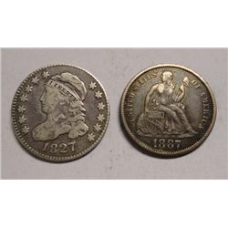 1827  VF dime and 1887S XF dime 2 nice type coins