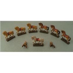 7 GERMAN MADE LINEOL TOY HORSES-AND 2 U.S. SOLDIERS
