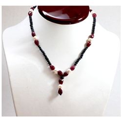 Natural  116.24 ctw Dark Sapphire, Ruby & Pearl Bead Necklace