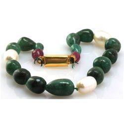 Natural Emerald, Ruby Teardrop Bracelet and Pearl 83.07ctw with brass clasp (Graduated)