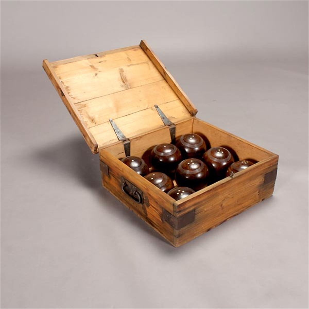 Cased Set of Eight Lignum Vitae Lawn Bowling Balls