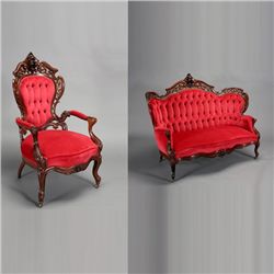 Rococo Revival Rosewood Sofa & An Armchair
