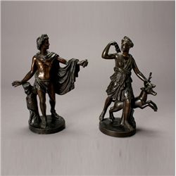 Pair Aesthetic Bronze Figures of Diana and Apollo