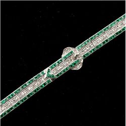 EMERALD, DIAMOND, 14K WHITE GOLD BRACELET.