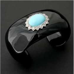 BLACK ONYX, DIAMOND, TURQUOISE, 14K W/G BRACELET.