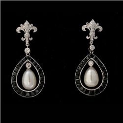 C. PEARL, DIAMOND, BLACK ONYX, 18K W/G EARRINGS.